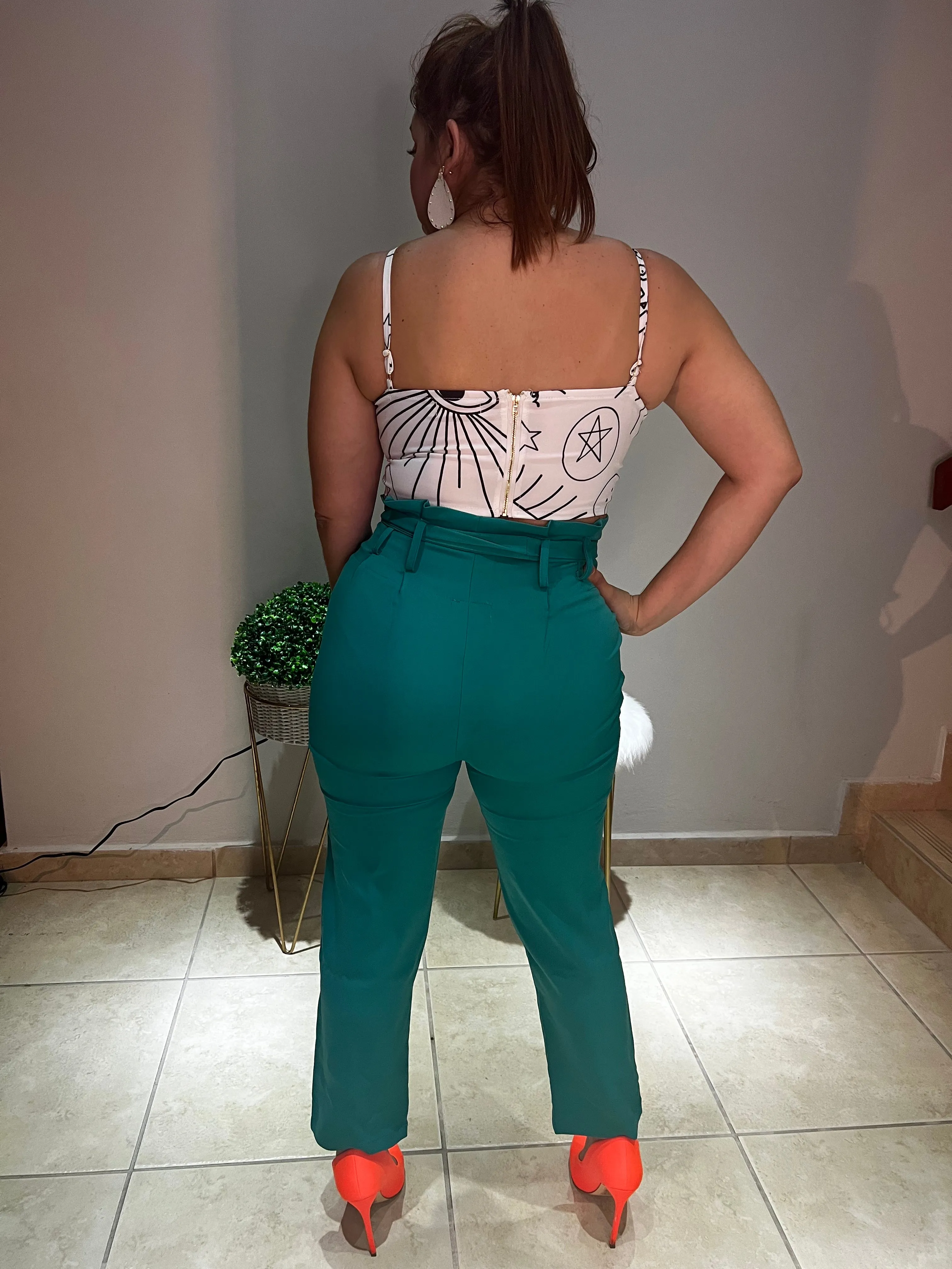 Teal Belted Paper Bag Office Pant