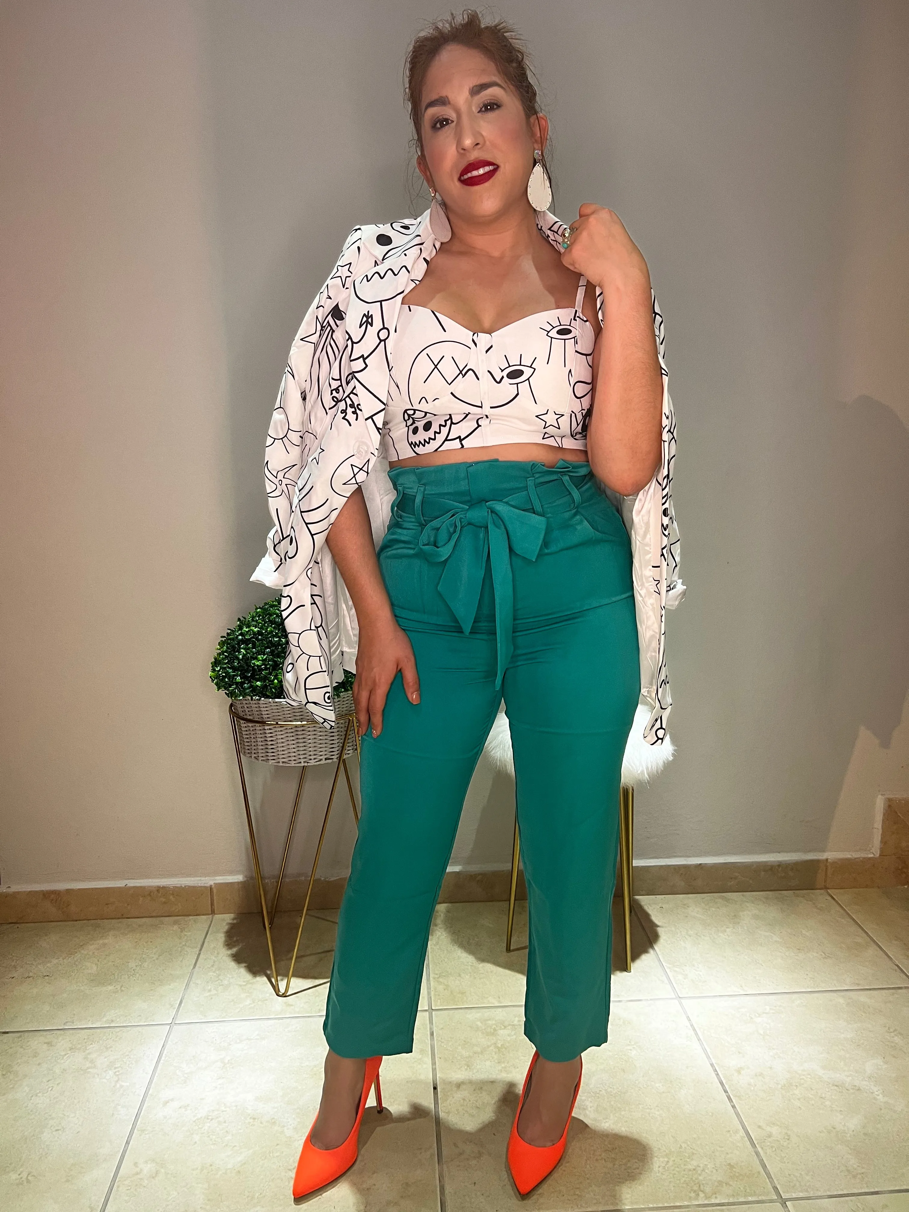 Teal Belted Paper Bag Office Pant