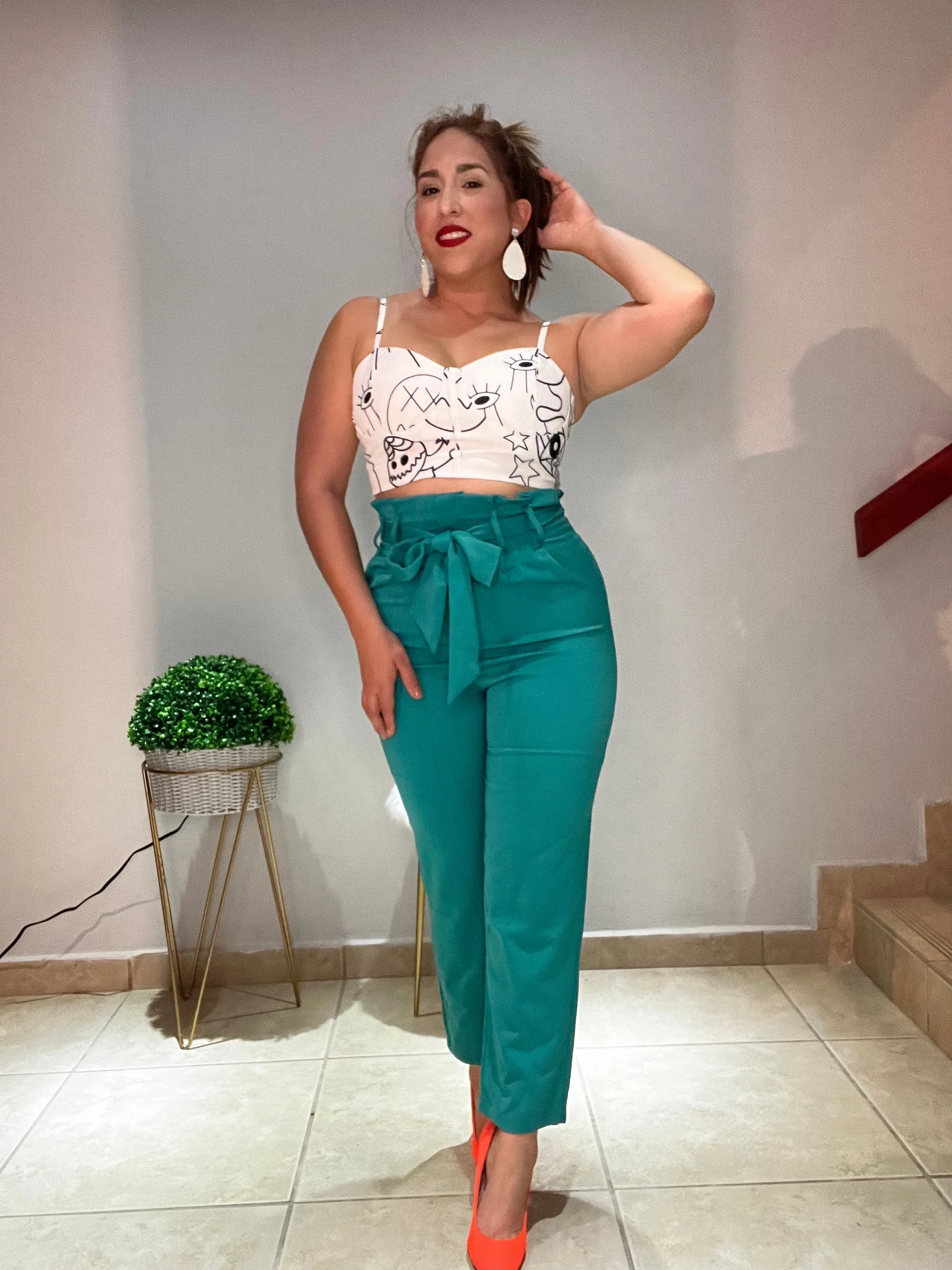 Teal Belted Paper Bag Office Pant