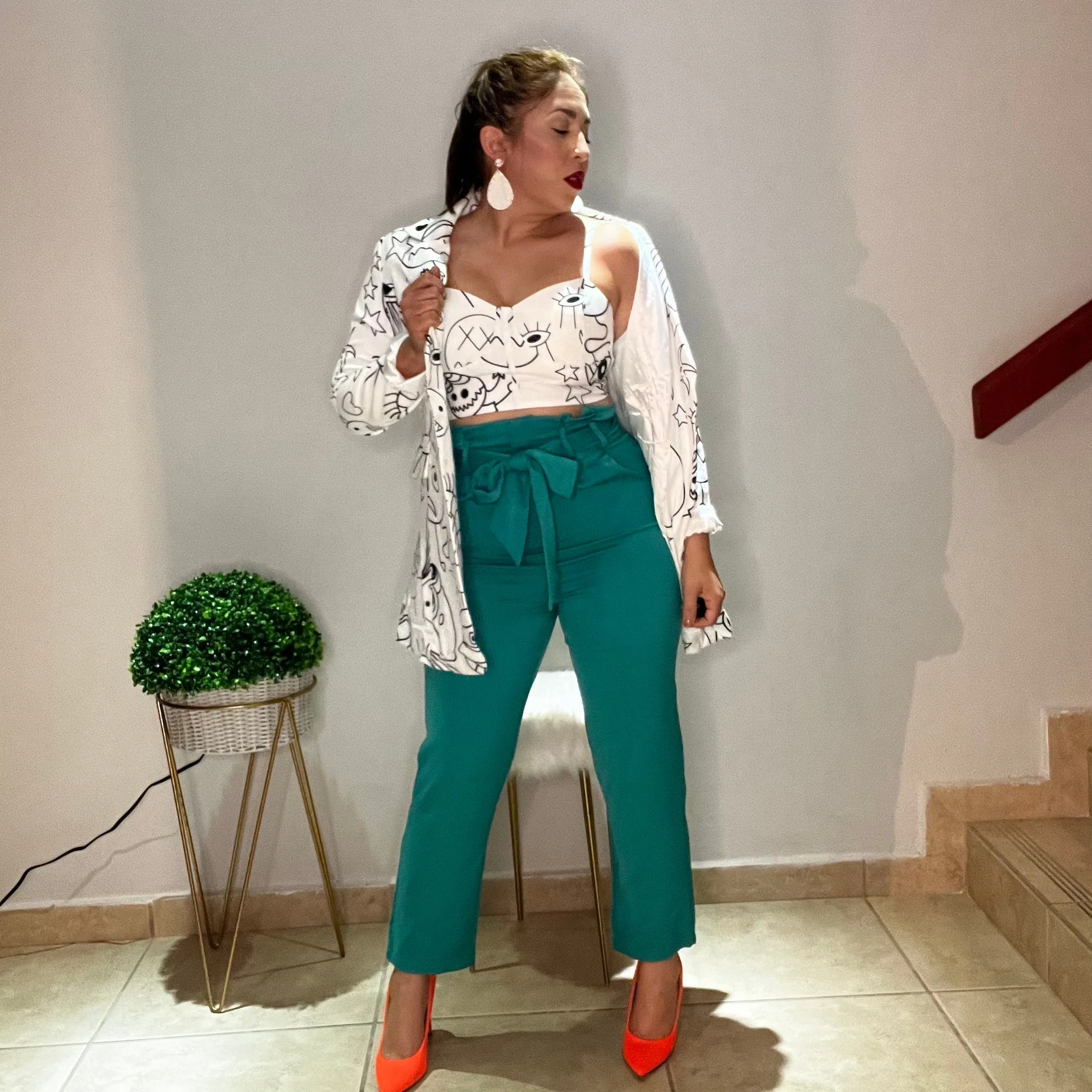Teal Belted Paper Bag Office Pant