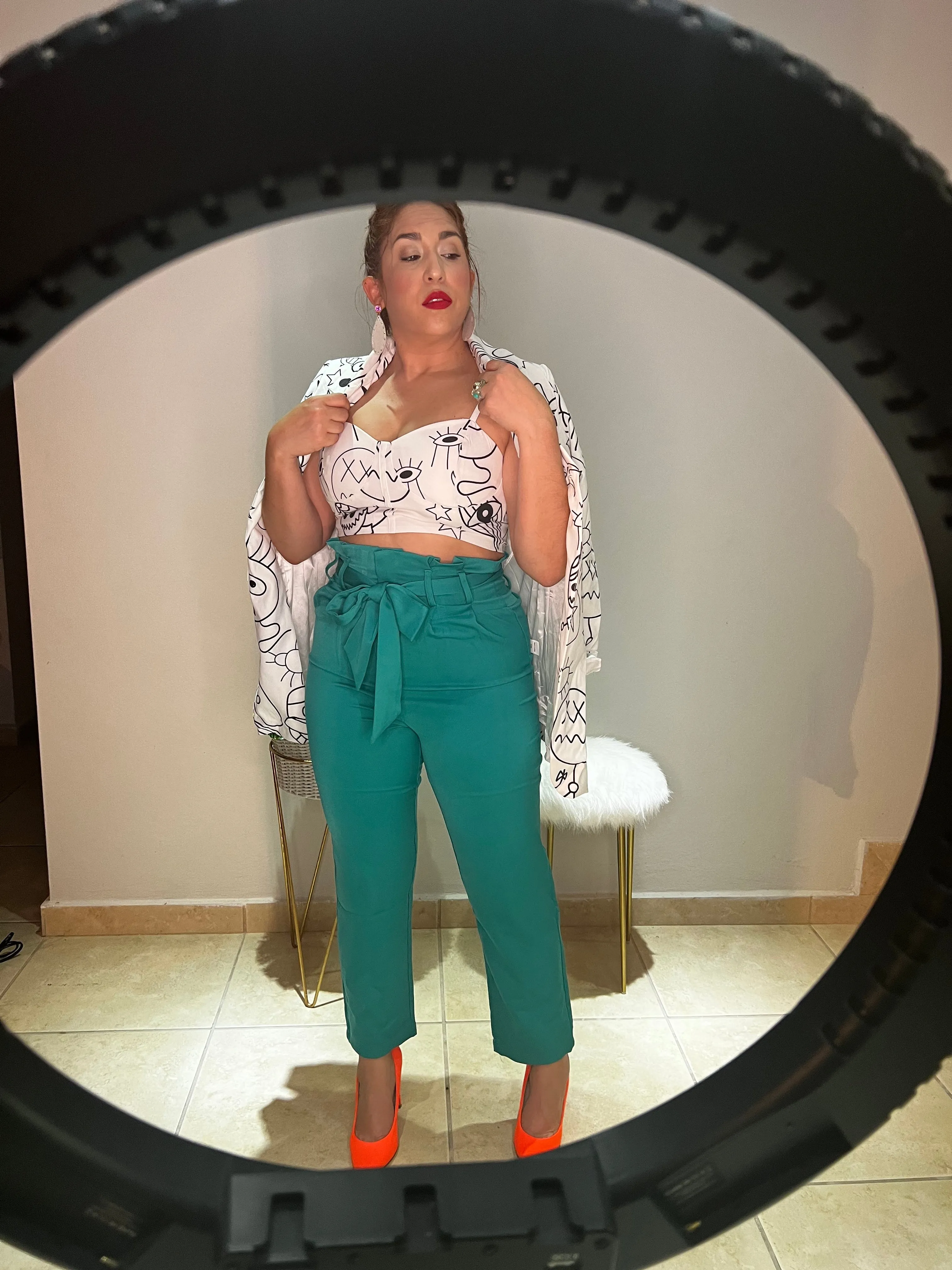 Teal Belted Paper Bag Office Pant