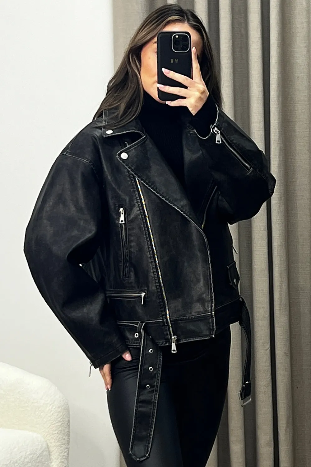 Theo Black Washed Faux Leather PU Zip Up Belted Biker Jacket