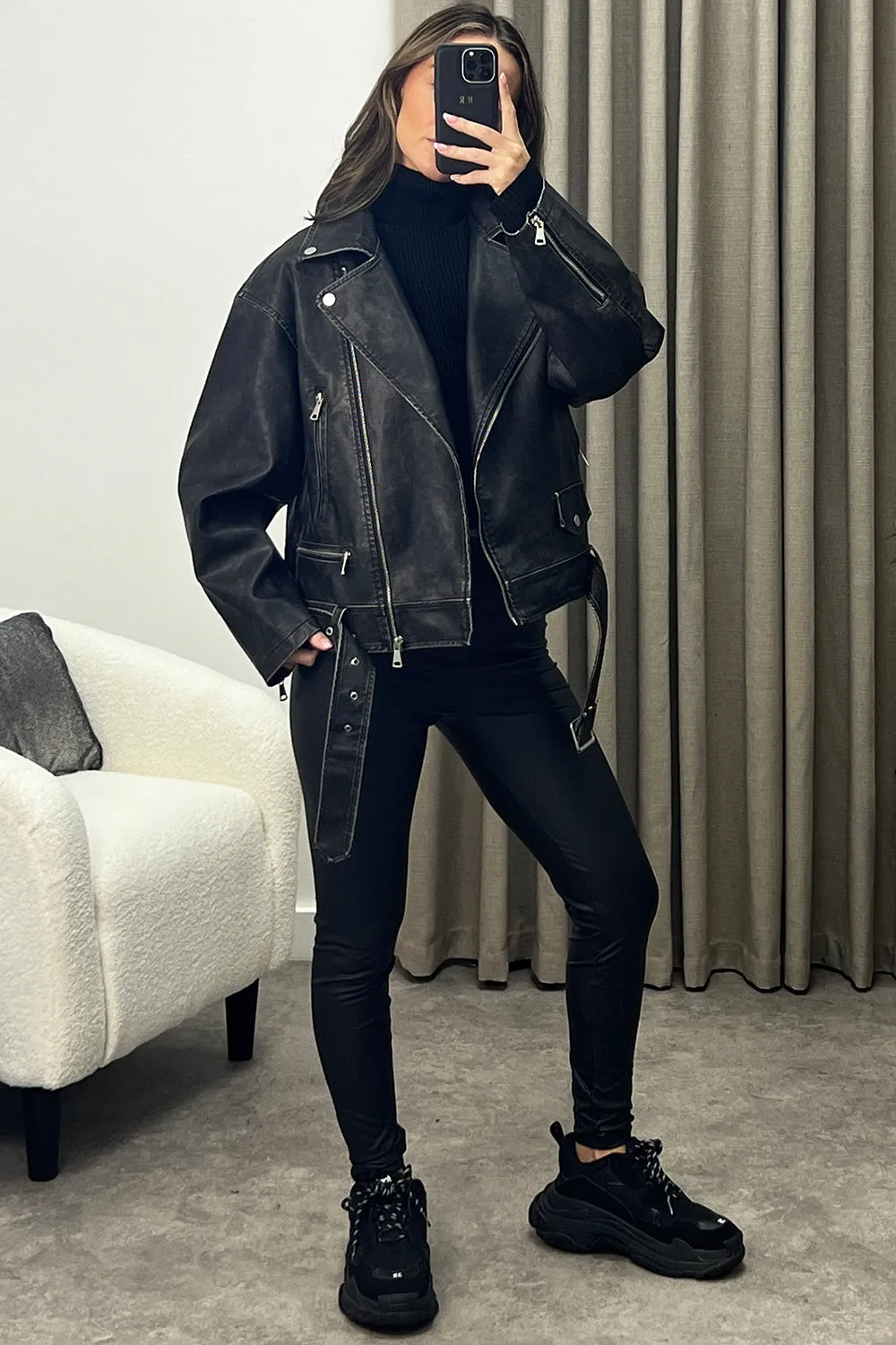 Theo Black Washed Faux Leather PU Zip Up Belted Biker Jacket