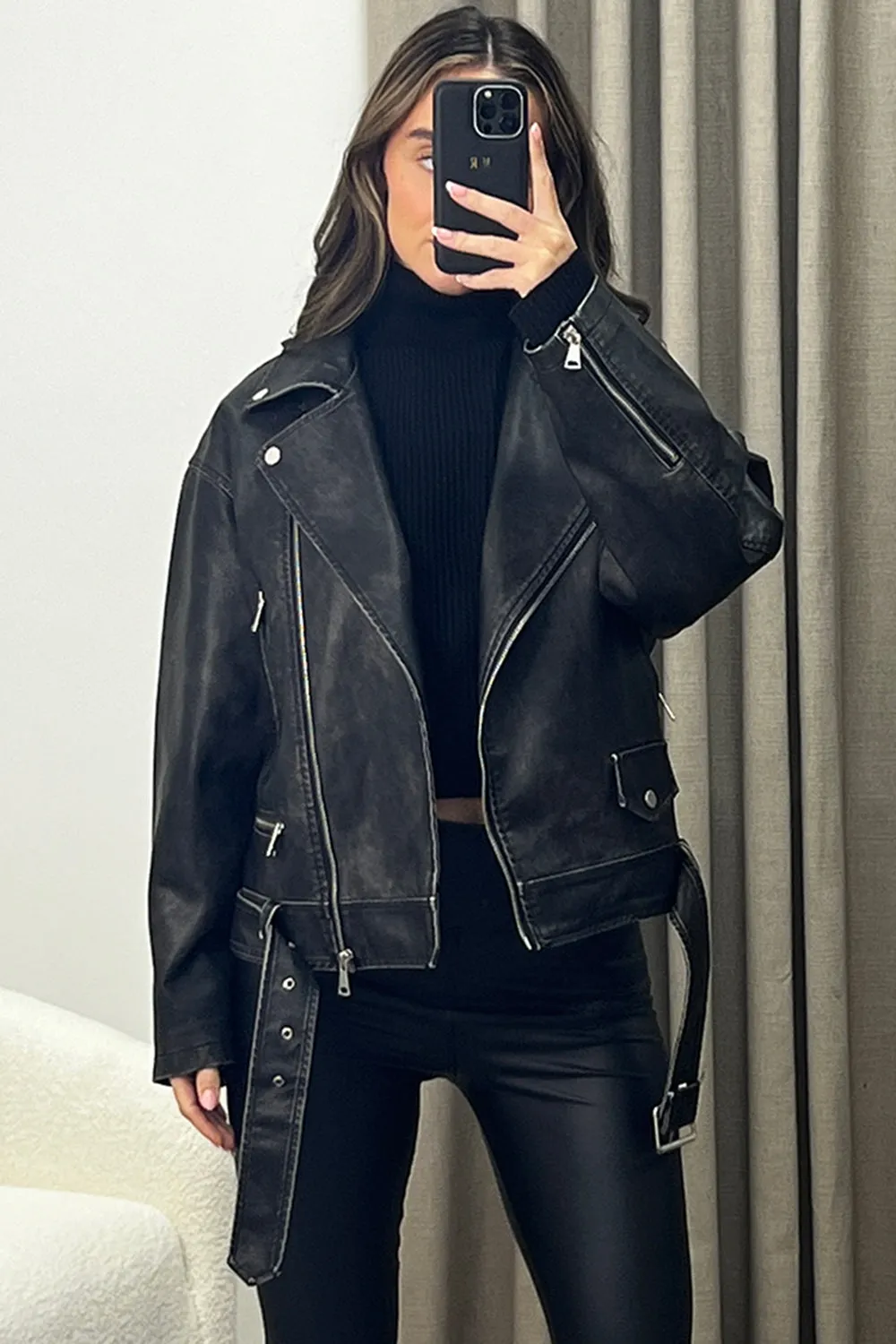 Theo Black Washed Faux Leather PU Zip Up Belted Biker Jacket