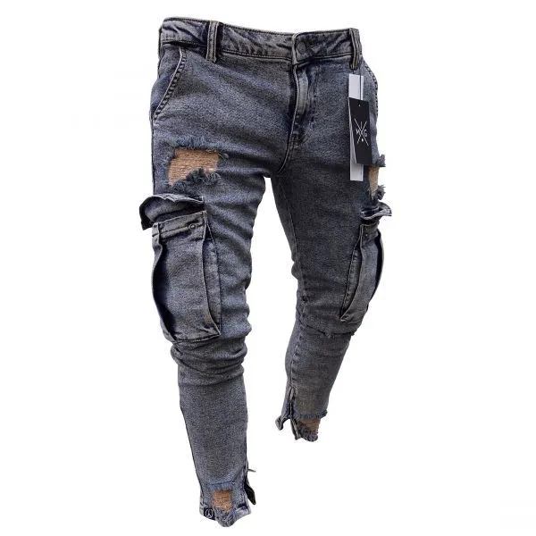 Trendy knee ripped zipper pencil denim trousers