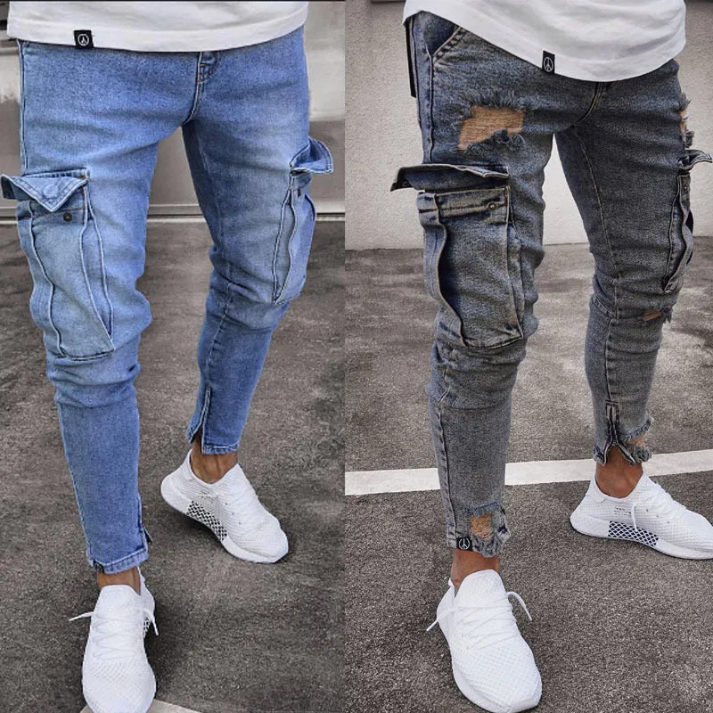 Trendy knee ripped zipper pencil denim trousers