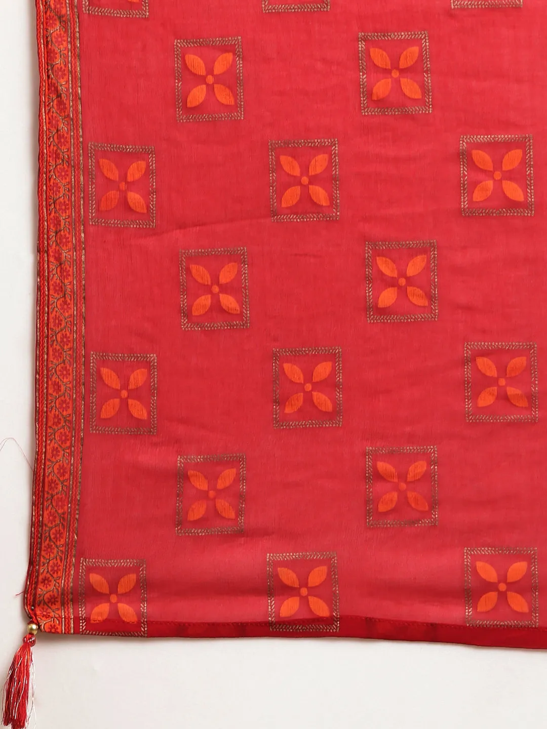 Women A-Line Red Geometric Kurta and Trousers Set Comes With Dupatta and Potli Bag