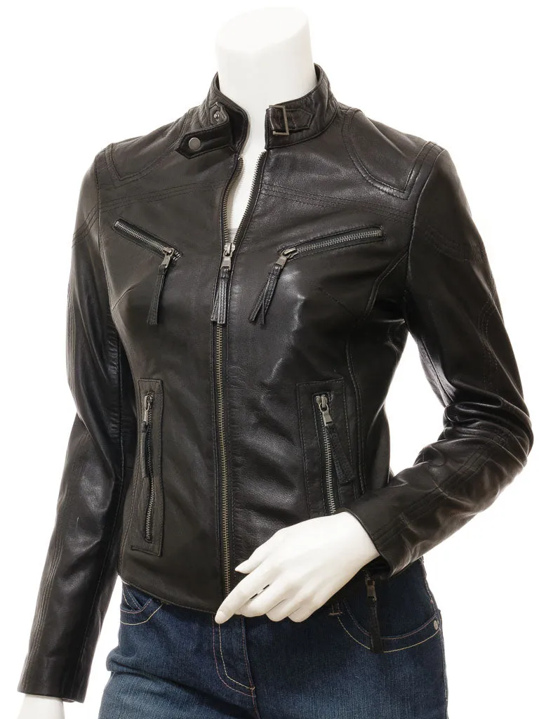 Women's Black Leather Biker Jacket - Soft Nappa Corinth