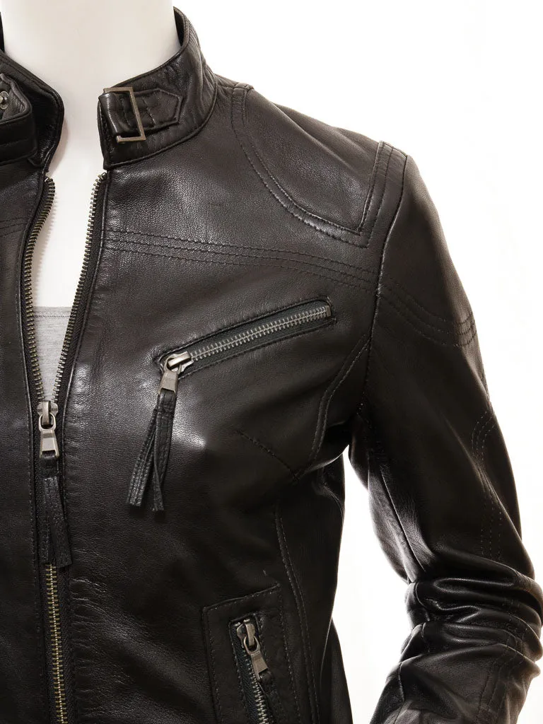 Women's Black Leather Biker Jacket - Soft Nappa Corinth