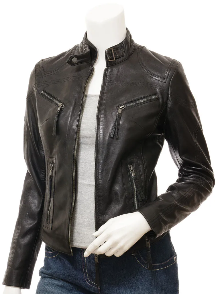 Women's Black Leather Biker Jacket - Soft Nappa Corinth