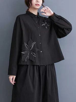 xakxx Long Sleeves Loose Applique Buttoned Embroidered Lapel Blouses&Shirts Tops