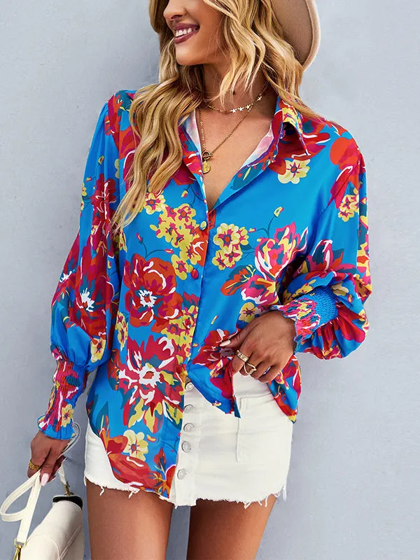 xakxx Long Sleeves Loose Buttoned Elasticity Flower Print Lapel Blouses&Shirts Tops