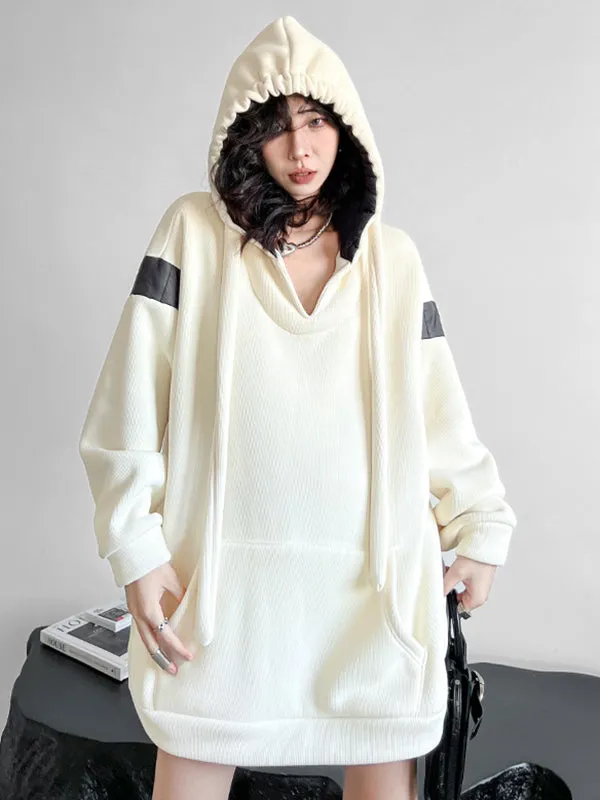 xakxx Long Sleeves Loose Contrast Color Drawstring Pockets Velvet Hoodies Tops