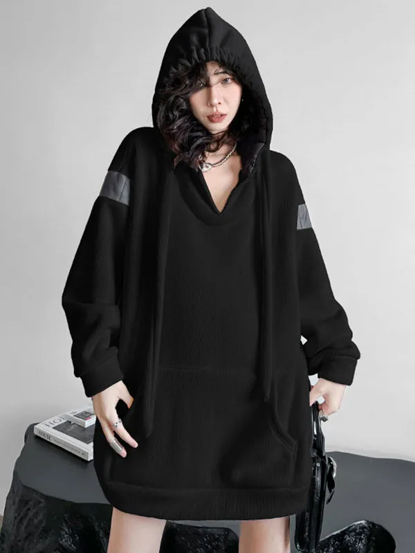 xakxx Long Sleeves Loose Contrast Color Drawstring Pockets Velvet Hoodies Tops