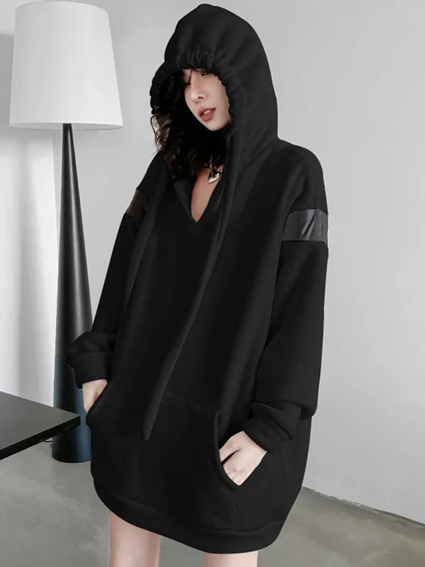 xakxx Long Sleeves Loose Contrast Color Drawstring Pockets Velvet Hoodies Tops