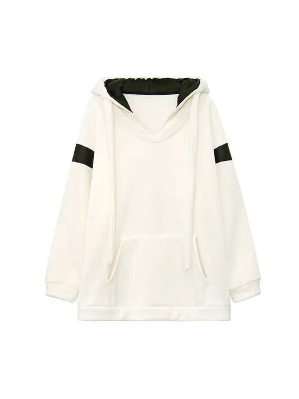 xakxx Long Sleeves Loose Contrast Color Drawstring Pockets Velvet Hoodies Tops