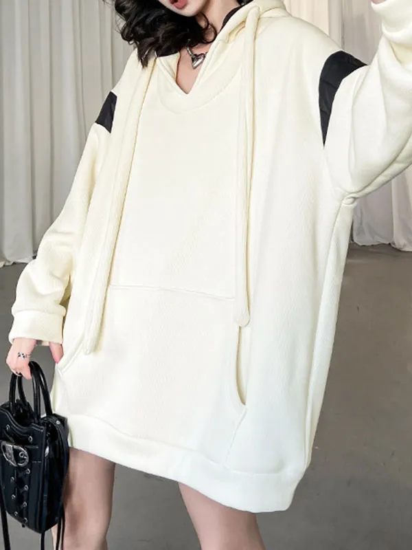 xakxx Long Sleeves Loose Contrast Color Drawstring Pockets Velvet Hoodies Tops