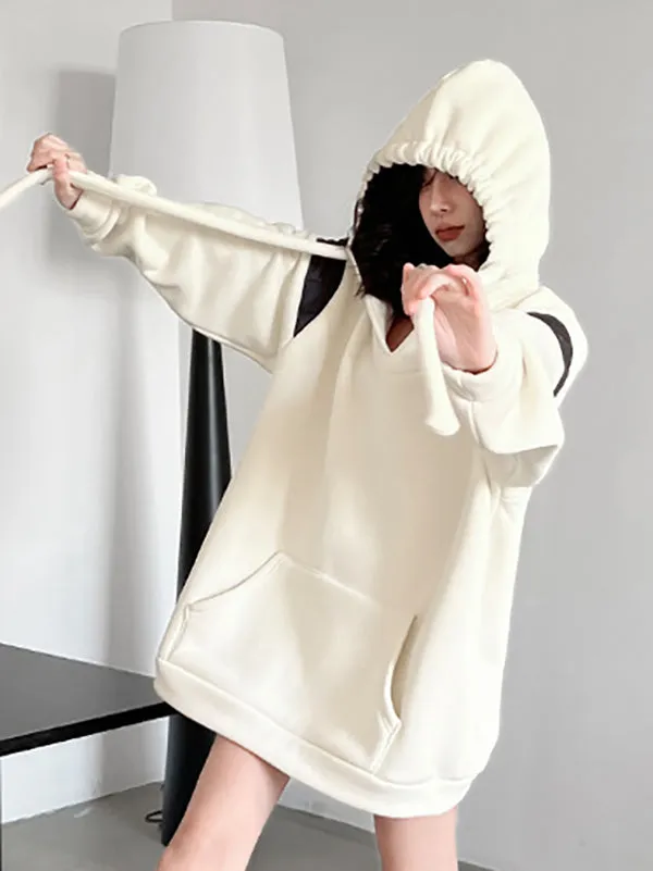 xakxx Long Sleeves Loose Contrast Color Drawstring Pockets Velvet Hoodies Tops