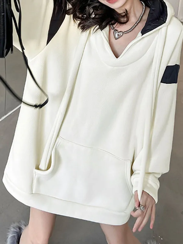 xakxx Long Sleeves Loose Contrast Color Drawstring Pockets Velvet Hoodies Tops