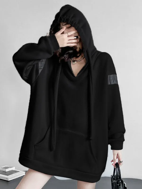 xakxx Long Sleeves Loose Contrast Color Drawstring Pockets Velvet Hoodies Tops