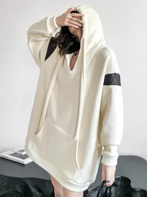 xakxx Long Sleeves Loose Contrast Color Drawstring Pockets Velvet Hoodies Tops