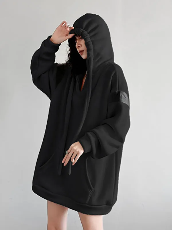 xakxx Long Sleeves Loose Contrast Color Drawstring Pockets Velvet Hoodies Tops