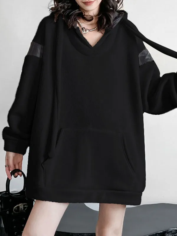 xakxx Long Sleeves Loose Contrast Color Drawstring Pockets Velvet Hoodies Tops