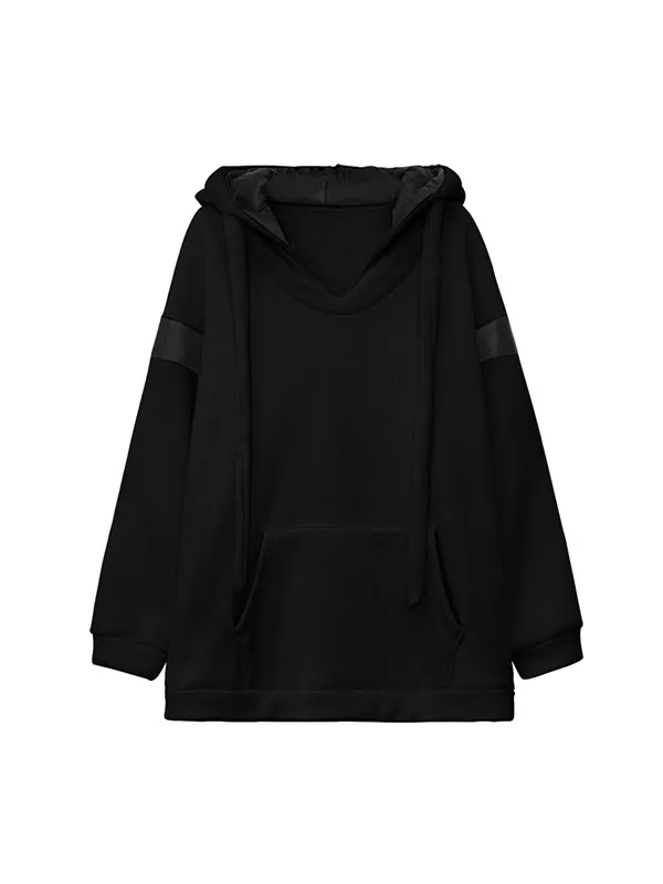xakxx Long Sleeves Loose Contrast Color Drawstring Pockets Velvet Hoodies Tops
