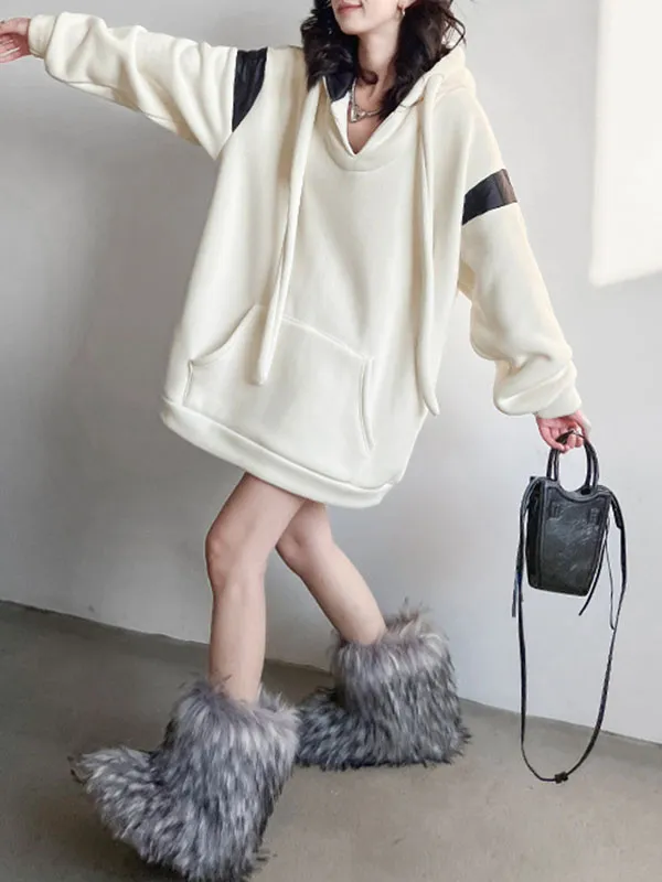 xakxx Long Sleeves Loose Contrast Color Drawstring Pockets Velvet Hoodies Tops