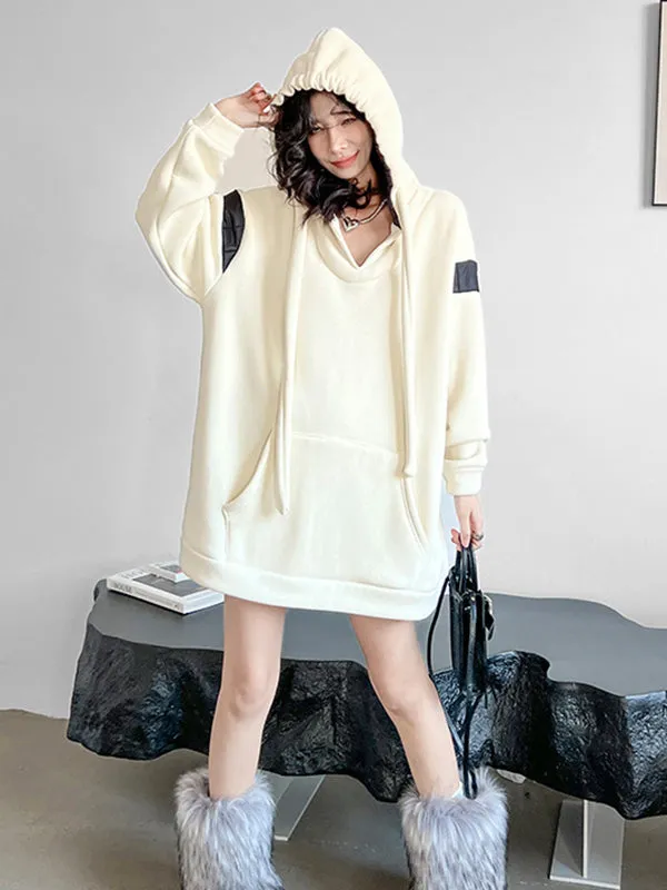 xakxx Long Sleeves Loose Contrast Color Drawstring Pockets Velvet Hoodies Tops