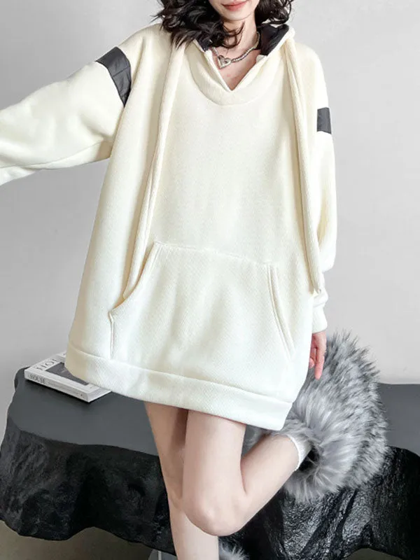 xakxx Long Sleeves Loose Contrast Color Drawstring Pockets Velvet Hoodies Tops