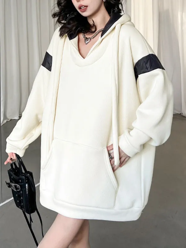 xakxx Long Sleeves Loose Contrast Color Drawstring Pockets Velvet Hoodies Tops