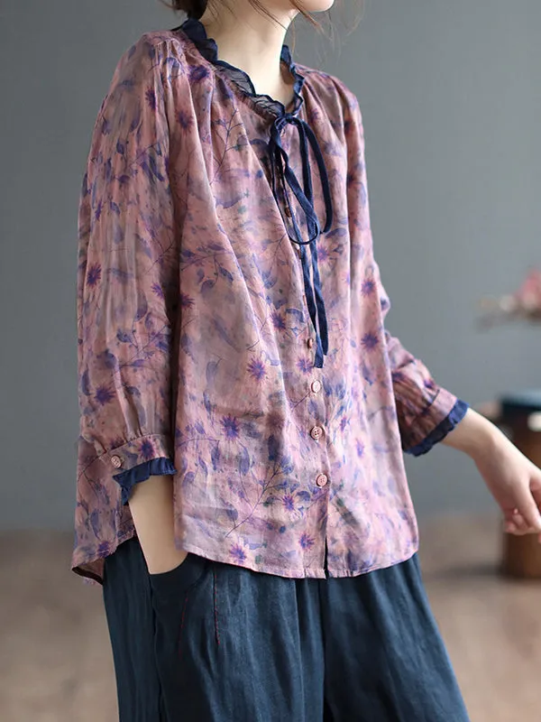 xakxx Long Sleeves Loose Floral Printed Lace-Up Round-Neck Blouses&Shirts Tops