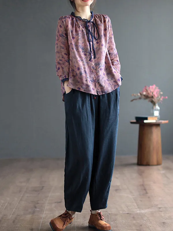 xakxx Long Sleeves Loose Floral Printed Lace-Up Round-Neck Blouses&Shirts Tops