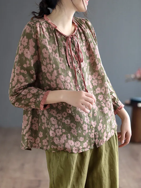 xakxx Long Sleeves Loose Floral Printed Lace-Up Round-Neck Blouses&Shirts Tops