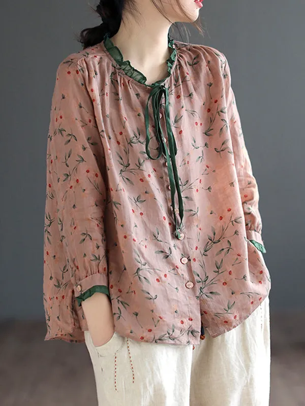 xakxx Long Sleeves Loose Floral Printed Lace-Up Round-Neck Blouses&Shirts Tops