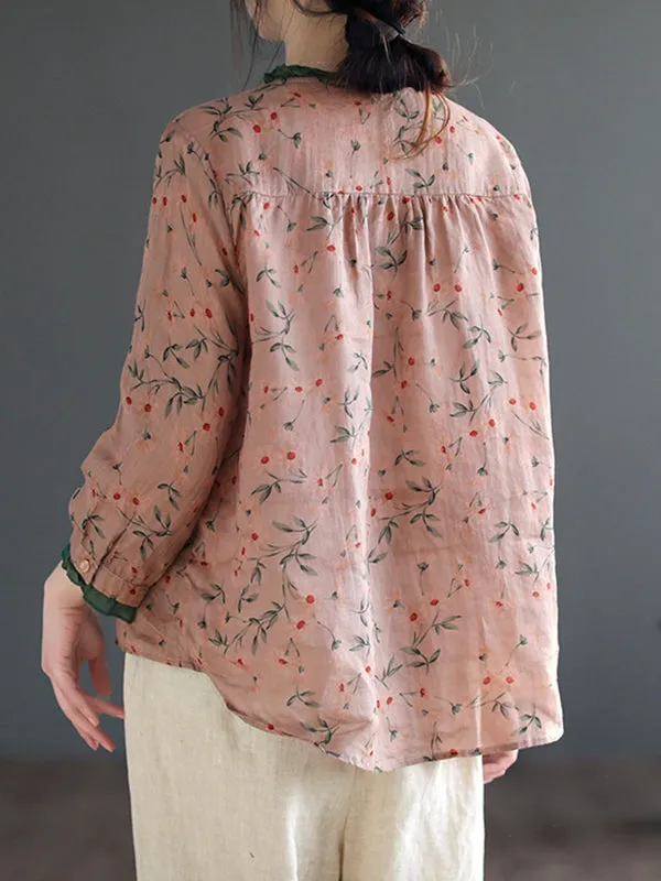 xakxx Long Sleeves Loose Floral Printed Lace-Up Round-Neck Blouses&Shirts Tops