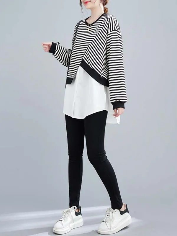 xakxx Original Long Sleeves False Two Striped Round-Neck Hoodies&Sweatshirt Tops