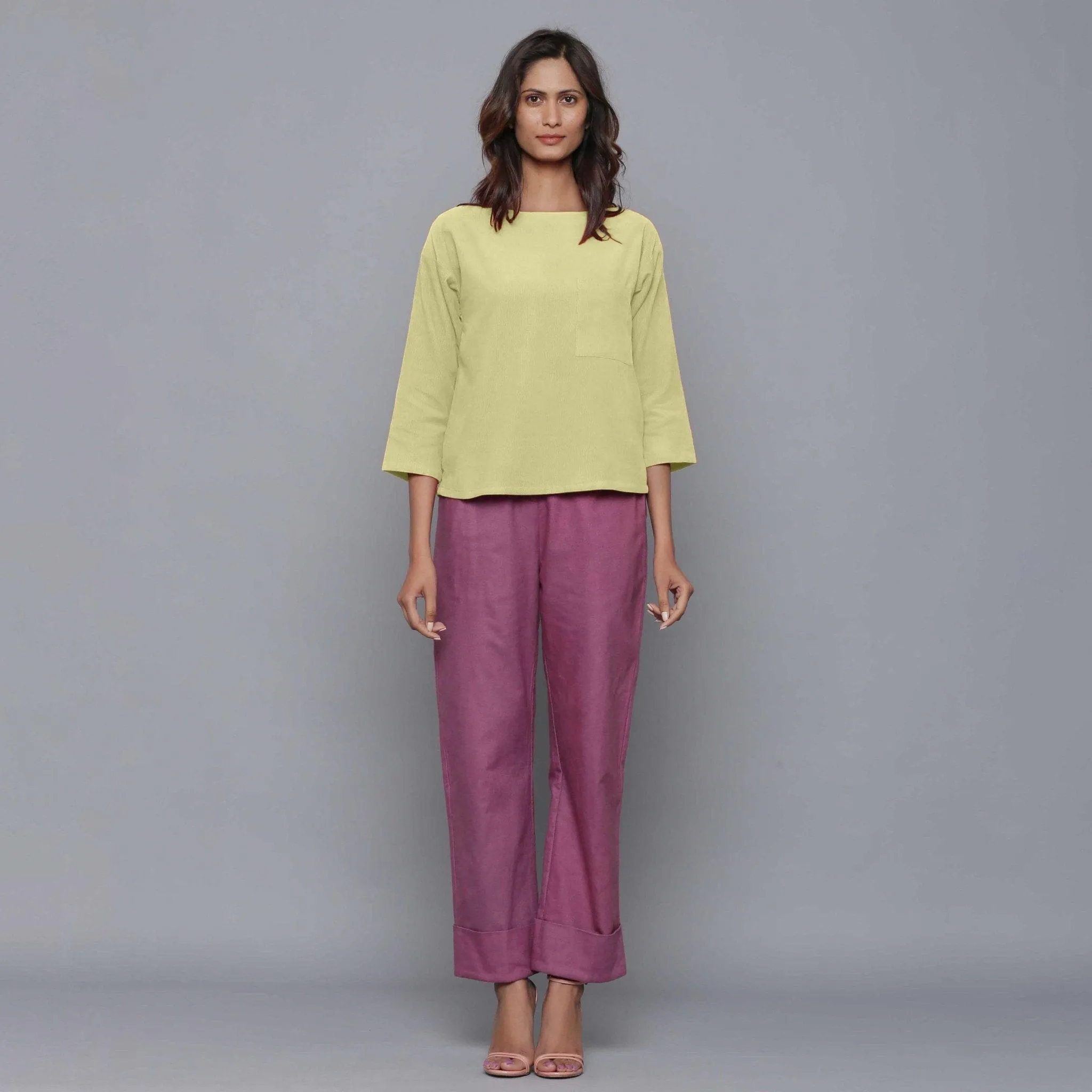 Yellow Pistachio Warm Cotton Corduroy Drop Shoulder Top