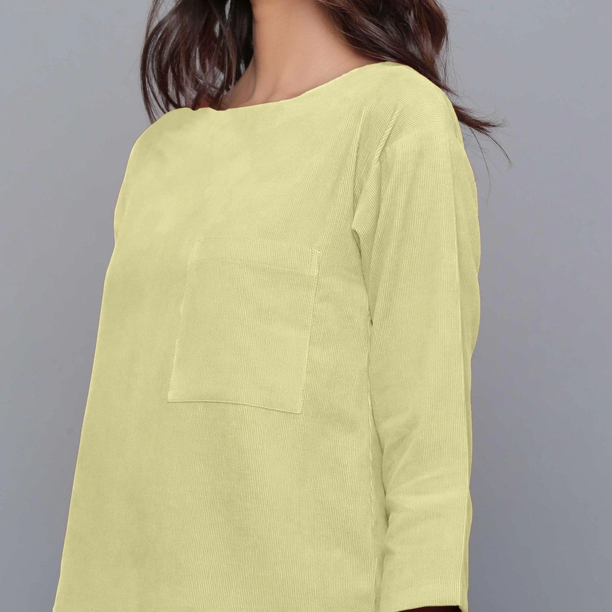 Yellow Pistachio Warm Cotton Corduroy Drop Shoulder Top