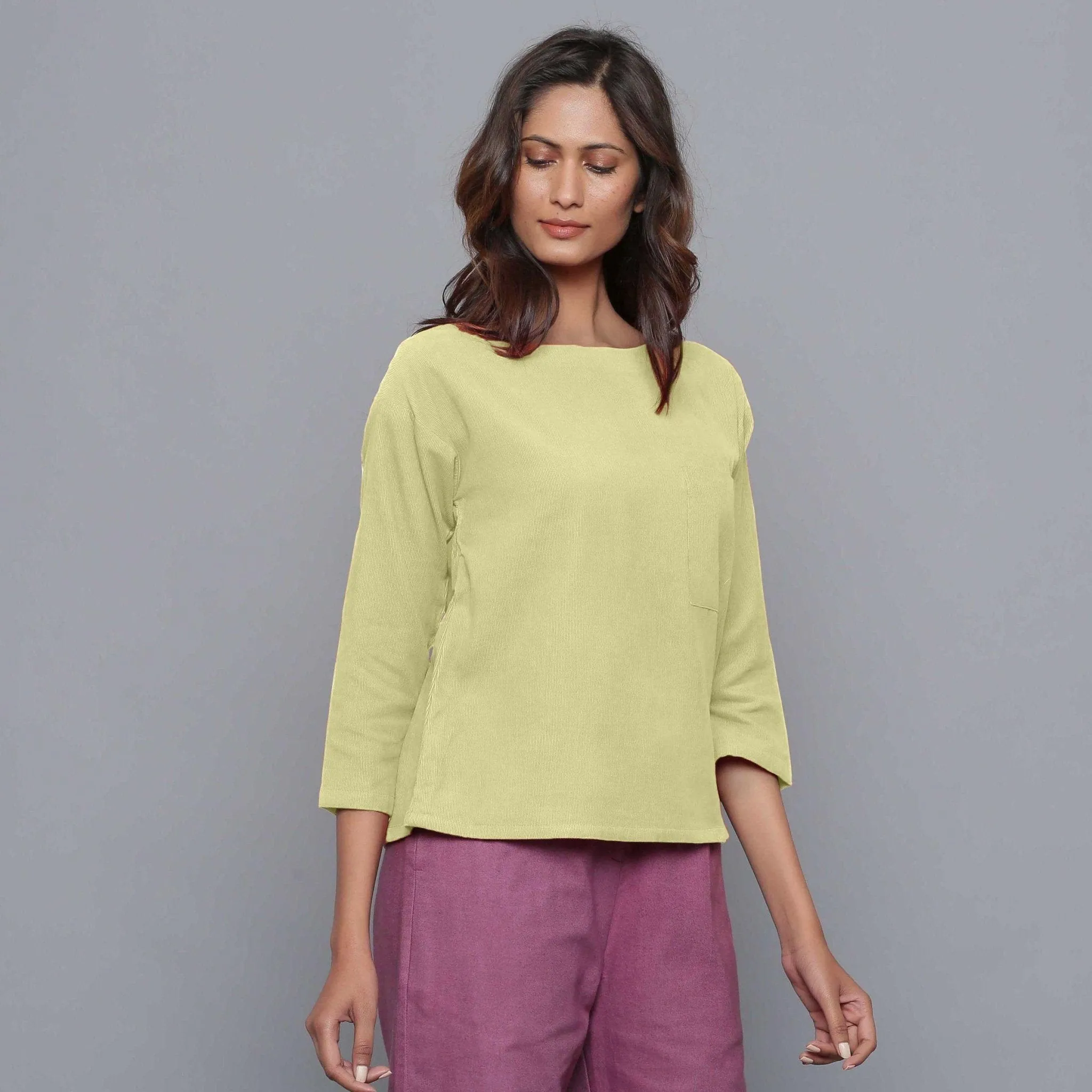 Yellow Pistachio Warm Cotton Corduroy Drop Shoulder Top