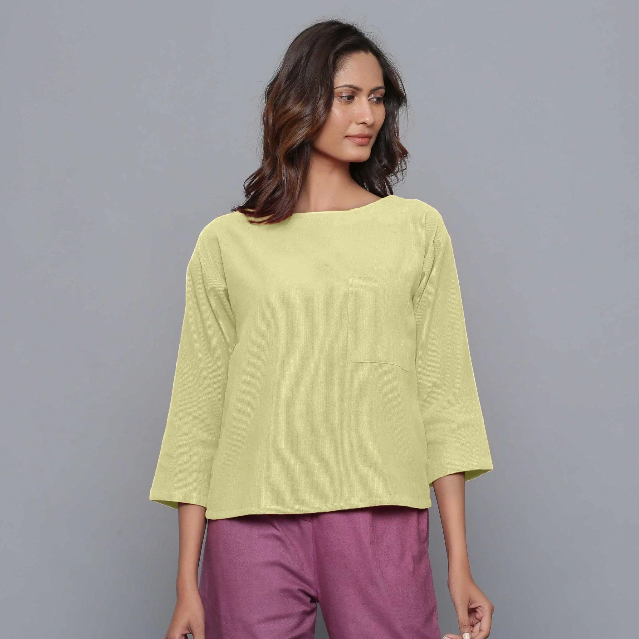 Yellow Pistachio Warm Cotton Corduroy Drop Shoulder Top