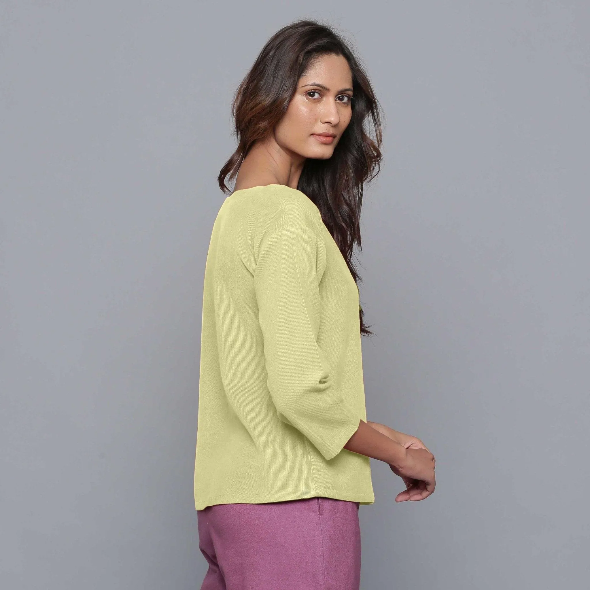 Yellow Pistachio Warm Cotton Corduroy Drop Shoulder Top